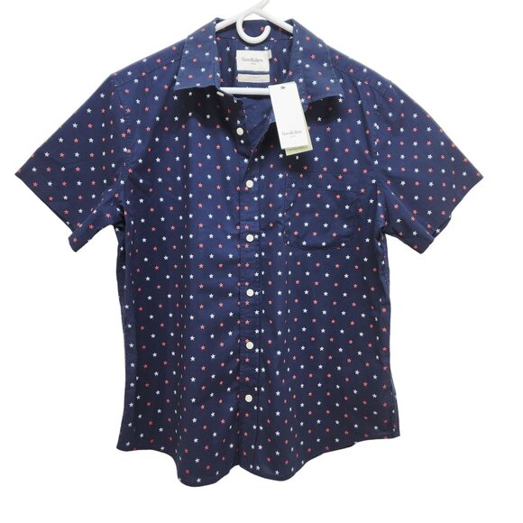 Mens Goodfellow  Co Navy Star Printed Short Sleeve Button-Up Shirt Slim Fit SZ L - Picture 1 of 7